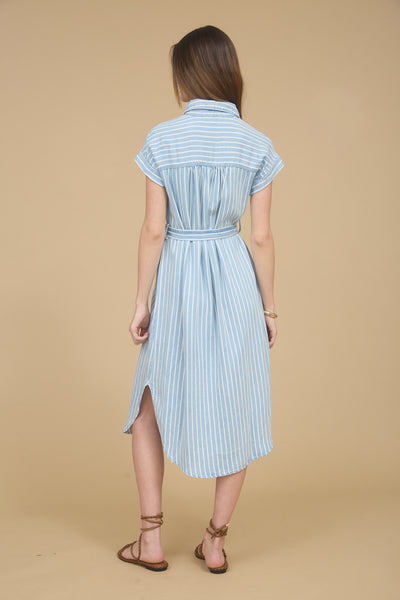 Stripe Chambray Collared Tie Belt Strap Midi Dress