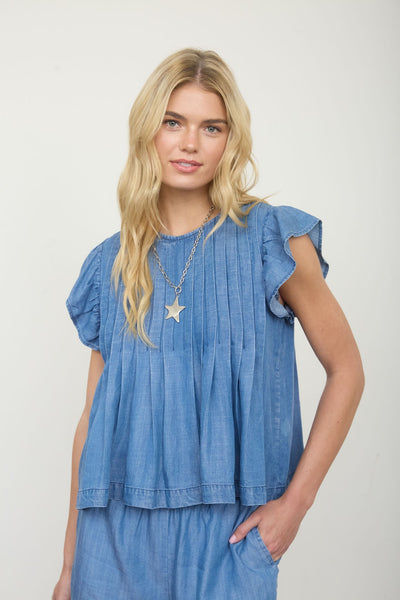Super Soft Ruffle Sleeve Tencel Denim Top