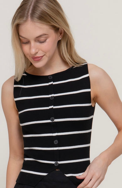 Knit Sleeveless Button Split Stripe Top