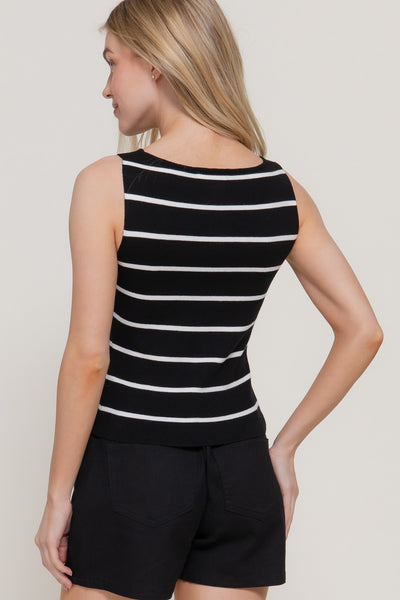 Knit Sleeveless Button Split Stripe Top
