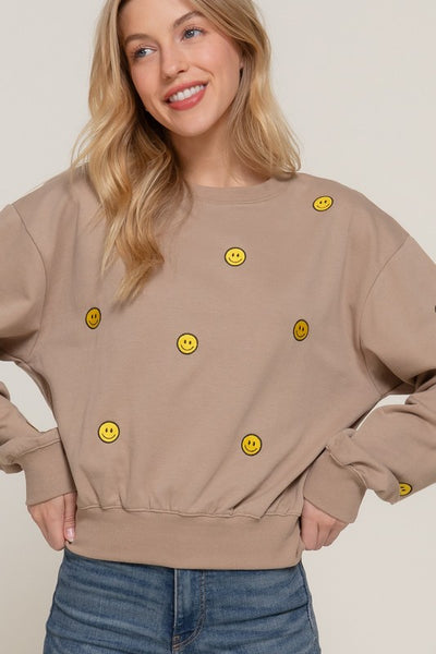 Embroidered Smiley Fleeced Sweatshirt