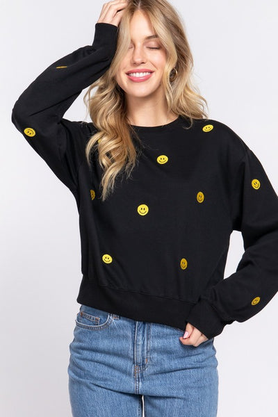 Embroidered Smiley Fleeced Sweatshirt