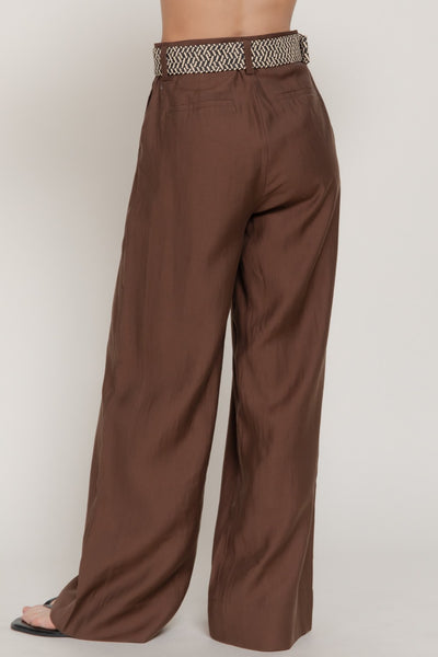 Lyocell Belted Straight Woven Long Pants