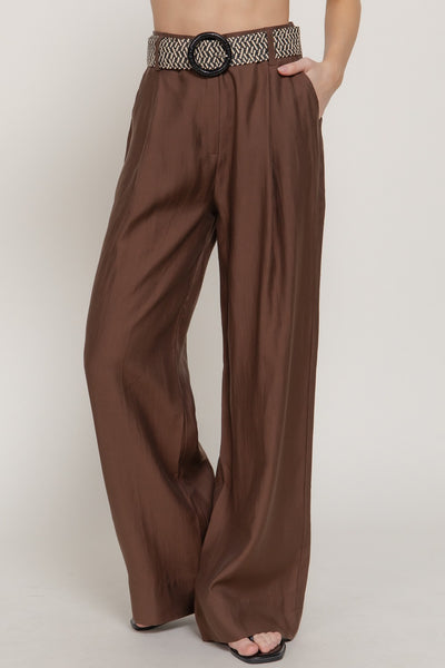 Lyocell Belted Straight Woven Long Pants