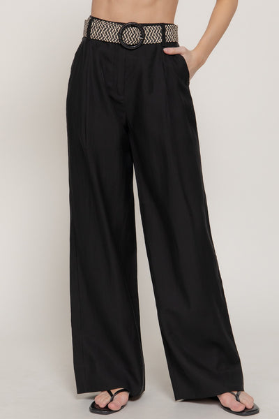 Lyocell Belted Straight Woven Long Pants