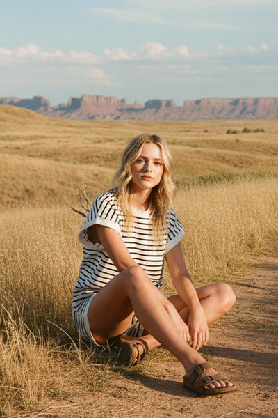 Stripe Contrast Trim Top & Shorts Set