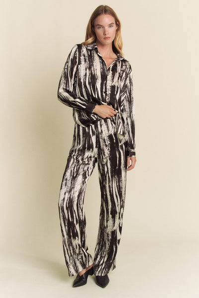 Satin Zebra Button Down Shirt + WideLeg Pants Set