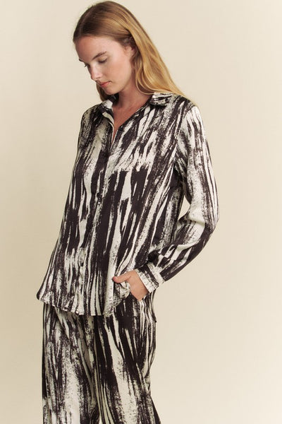 Satin Zebra Button Down Shirt + WideLeg Pants Set