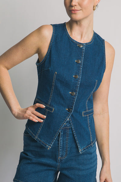 Stretch Crew-neck Denim Vest
