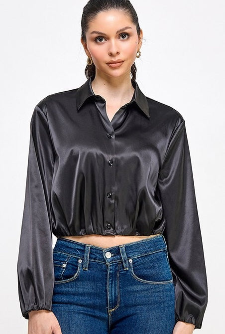 Satin Long Sleeve Bubble Hem Shirt Top