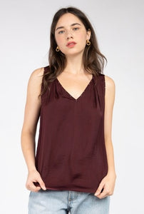 Satin Feel V-neck Sleeveless Top With Bead Trim Detail