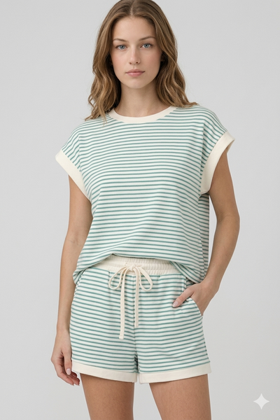 Stripe Contrast Trim Top & Shorts Set
