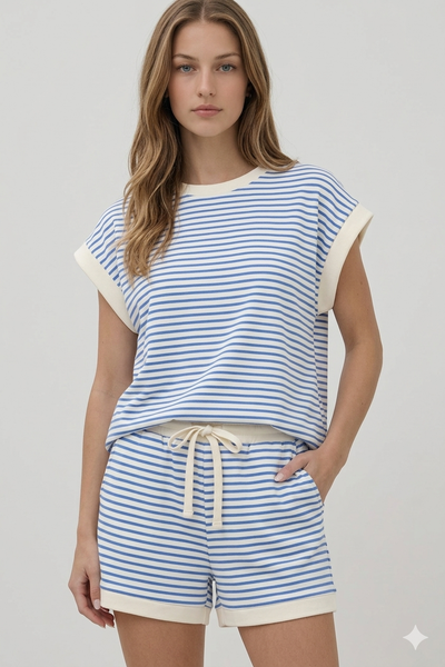 Stripe Contrast Trim Top & Shorts Set