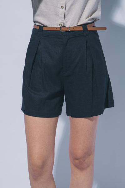 Pleated Linen Shorts W/ Leather Belt