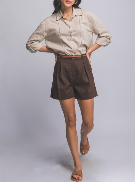 Pleated Linen Shorts W/ Leather Belt