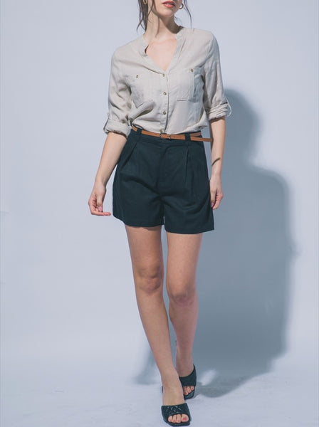 Pleated Linen Shorts W/ Leather Belt