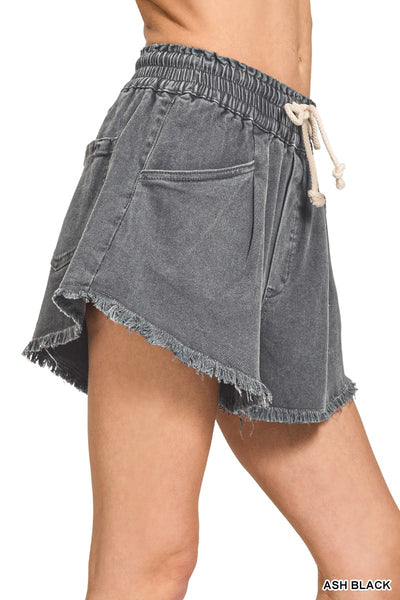 Cotton Washed Fray Hem Denim Shorts