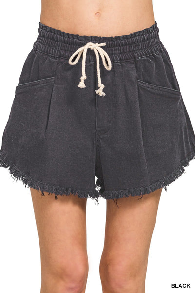 Cotton Washed Fray Hem Denim Shorts