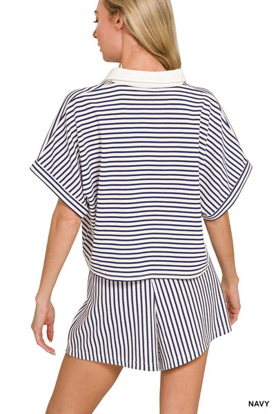Striped Collared Top & Shorts Set