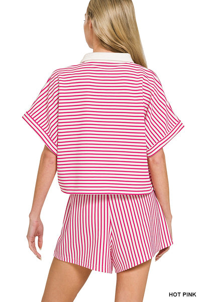 Striped Collared Top & Shorts Set