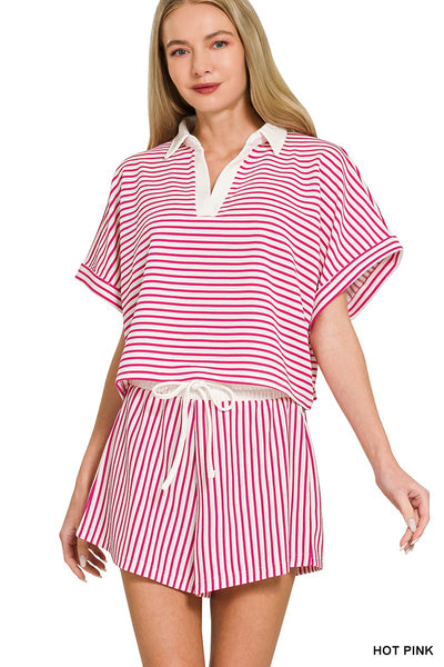 Striped Collared Top & Shorts Set