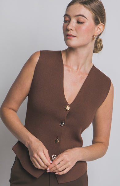 Knit Golden Button V-neck Vest Top