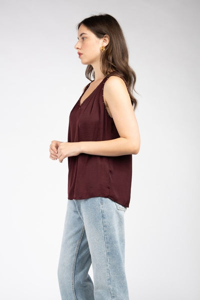 Satin Feel V-neck Sleeveless Top With Bead Trim Detail