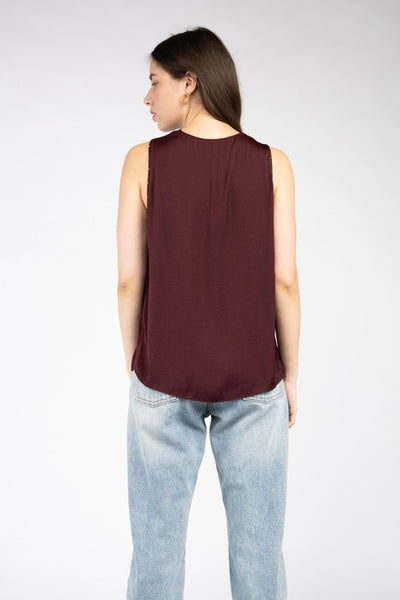 Satin Feel V-neck Sleeveless Top With Bead Trim Detail