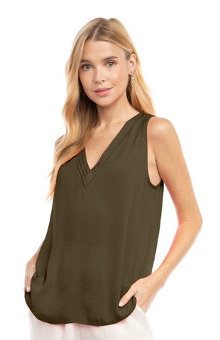 Satin Feel Pleated Neck Tank Blouse