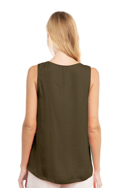 Satin Feel Pleated Neck Tank Blouse