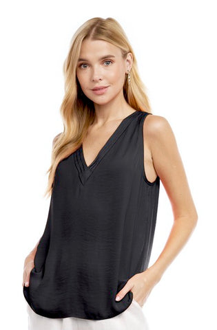 Satin Feel Pleated Neck Tank Blouse