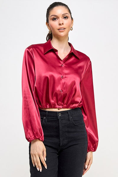 Satin Long Sleeve Bubble Hem Shirt Top