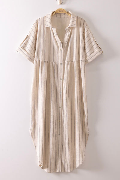 Striped Linen Effect Loose Fit Midi Button Down Shirt Dress
