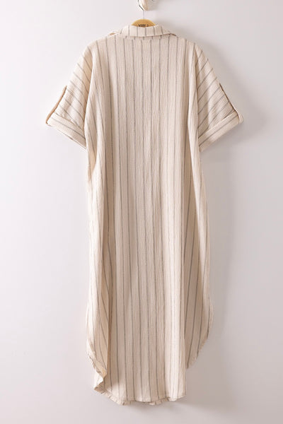 Striped Linen Effect Loose Fit Midi Button Down Shirt Dress
