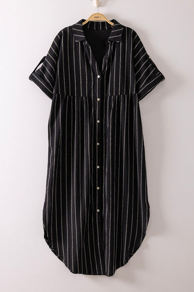 Striped Linen Effect Loose Fit Midi Button Down Shirt Dress