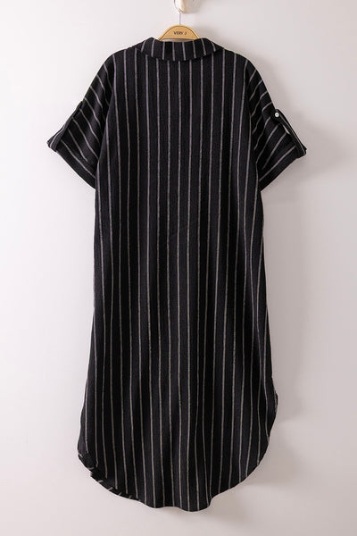 Striped Linen Effect Loose Fit Midi Button Down Shirt Dress