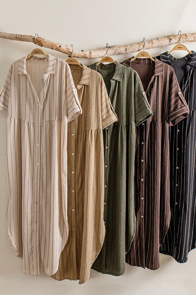 Striped Linen Effect Loose Fit Midi Button Down Shirt Dress