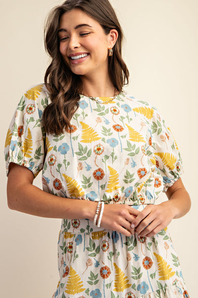 Vines Elastic Waistband Short Sleeve Top