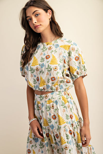 Vines Elastic Waistband Short Sleeve Top