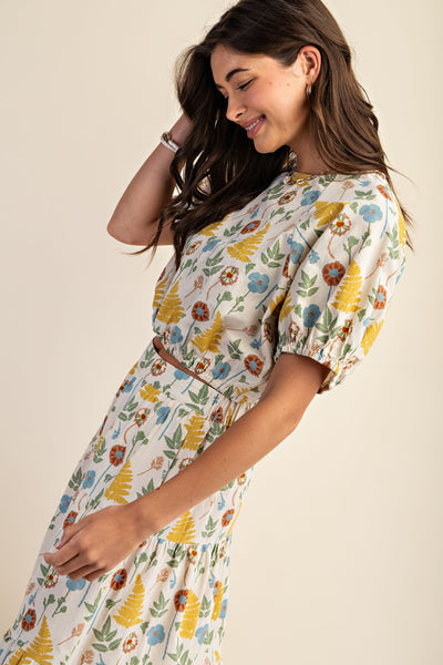 Vines Elastic Waistband Short Sleeve Top