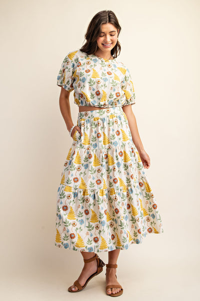 Vines Long Elastic Waistband Skirt