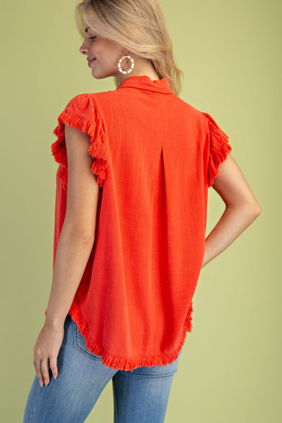 Linen + Cotton Frayed Button Down Blouse
