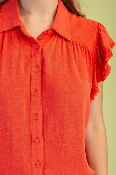 Linen + Cotton Frayed Button Down Blouse