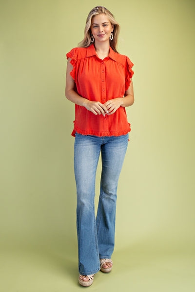 Linen + Cotton Frayed Button Down Blouse