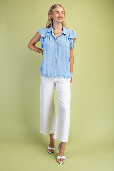 Linen + Cotton Frayed Button Down Blouse