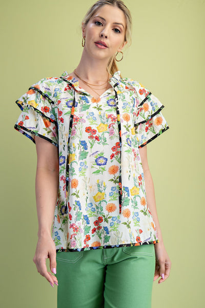 100% Cotton Floral Print Ruffle Sleeve Top