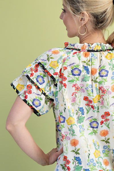 100% Cotton Floral Print Ruffle Sleeve Top