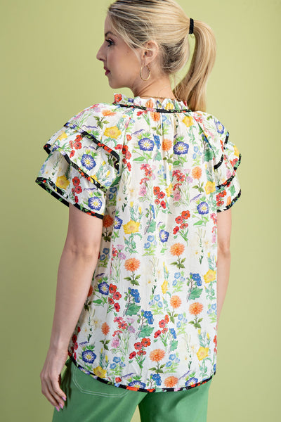100% Cotton Floral Print Ruffle Sleeve Top