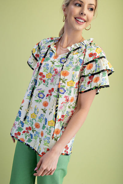 100% Cotton Floral Print Ruffle Sleeve Top
