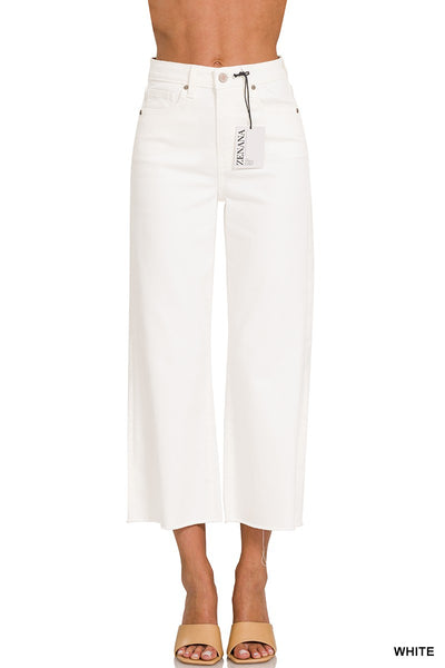 High Rise Wide Leg Cropped White Denim Jeans
